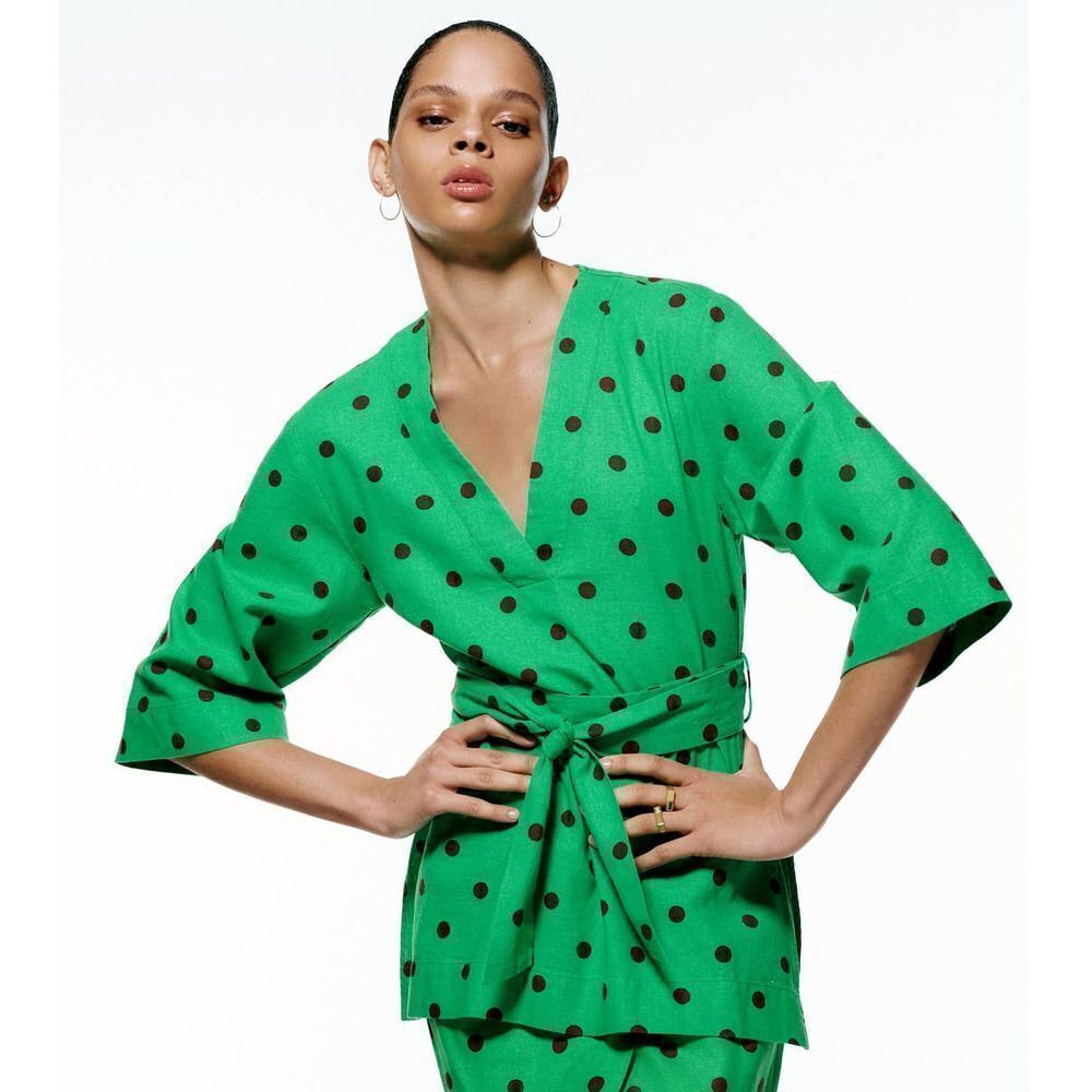 LINEN BLEND POLKA DOT KAFTAN BLOUSE TOP